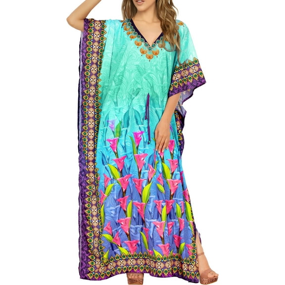 HAPPY BAY Women's Summer Loungewear African Beach Cover Up Slit Dress Home Wear Maxi Dresses Caftans for Women 2X-3X Aqua, Floral