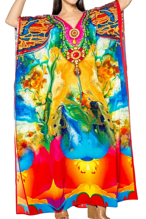 Women's Summer Loungewear African Beach Cover Up Slit Dress Home Wear Maxi Dresses Caftans for Women 2X-3X Gold, Abstract