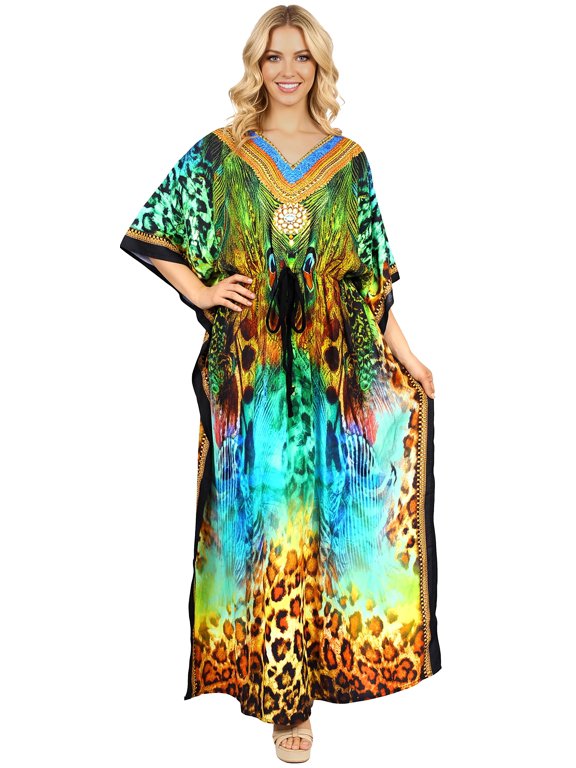 Women's Summer Loungewear African Beach Cover Up Slit Dress Home Wear Maxi Dresses Caftans for Women 2X-3X Leopard Blue, Animal Skin