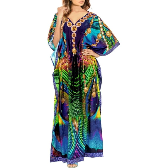 HAPPY BAY Women's Summer Loungewear African Beach Maxi Kaftan Casual Slit Dress Caftan Swimsuit Coverup for Women 2X-3X Peacock, Feather