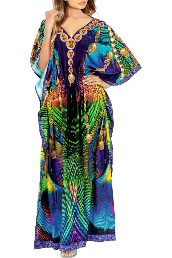 Women's Summer Loungewear African Beach Maxi Kaftan Casual Slit Dress Caftan Swimsuit Coverup for Women 2X-3X Peacock, Feather