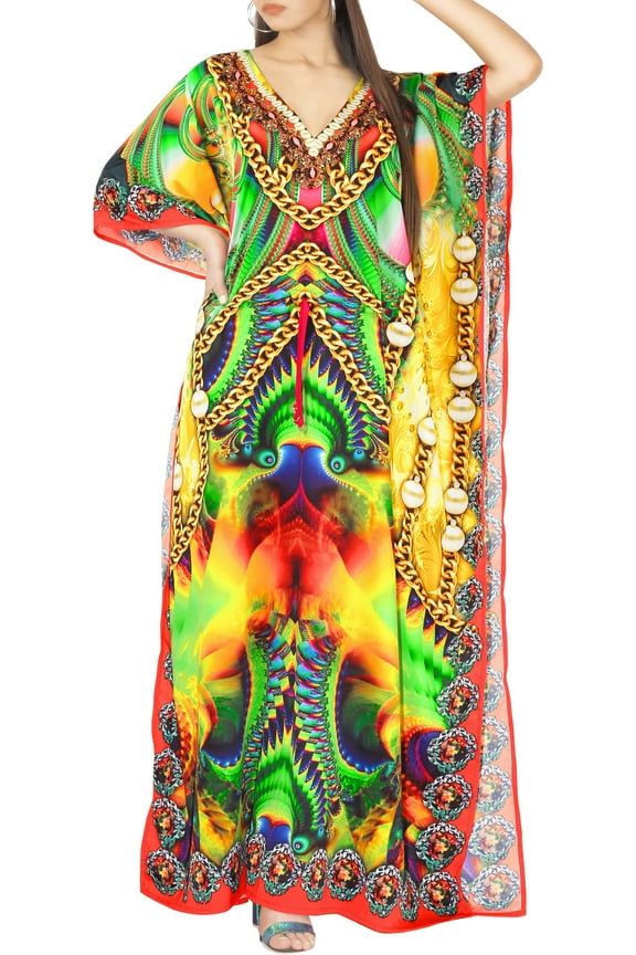 Women's Summer Loungewear African Beach Maxi Kaftan Ethnic Print Casual Slit Dress Caftan Dresses for Women 2X-3X Electric Green