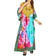 HAPPY BAY Women's Summer Loungewear African Beach Maxi Plus Size Kaftan Casual Long Slit Dress Caftan Swimsuit Coverup for Women Mother's Day Gifts 2X-3X Cyan, Leafs