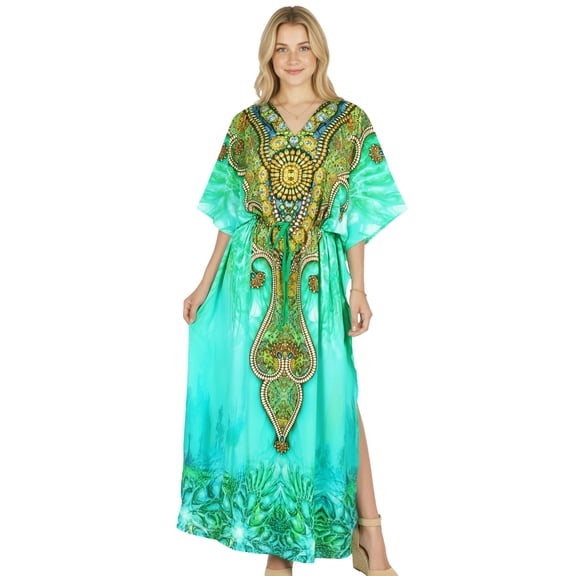 HAPPY BAY Women's Summer Loungewear African Beach Maxi Plus Size Kaftan Casual Slit Dress Caftan Swimsuit Coverup for Women 2X-3X Light Teal, Jewel Print