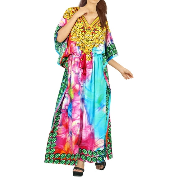 HAPPY BAY Women's Summer Loungewear African Beach Maxi Plus Size Kaftan Casual Slit Dress Caftan Swimsuit Coverup for Women 2X-3X Cyan, Leafs