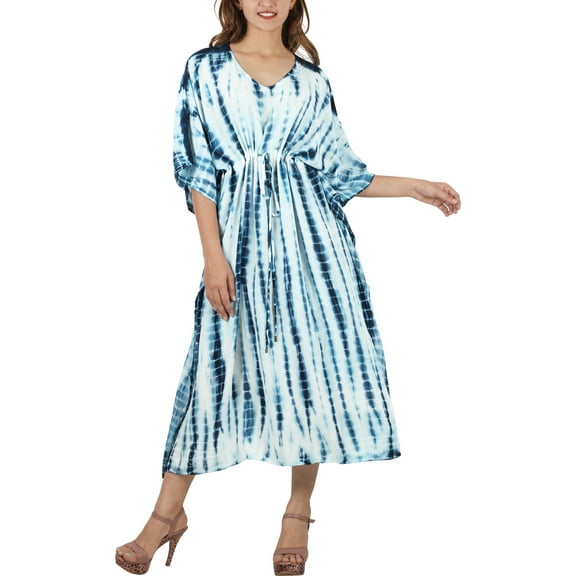 HAPPY BAY Women's Summer Loungewear African Beach Maxi Plus Size Kaftan Ethnic Print Casual Slit Dress Caftan Dresses for Women 1X-2X Prussian, Tie Dye