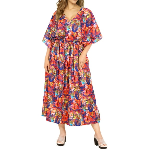 HAPPY BAY Women's Summer Loungewear African Beach Slit Dress Cover Up Caftan Kaftan Maxi Dresses for Women 2X-3X Plum, Leafs