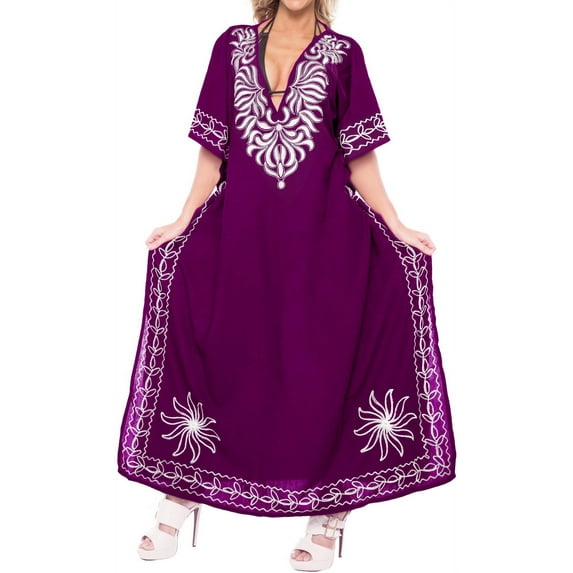 HAPPY BAY Women's Summer Loungewear Caftan Maxi Flowy Home Wear 1X-2X Violet_L362