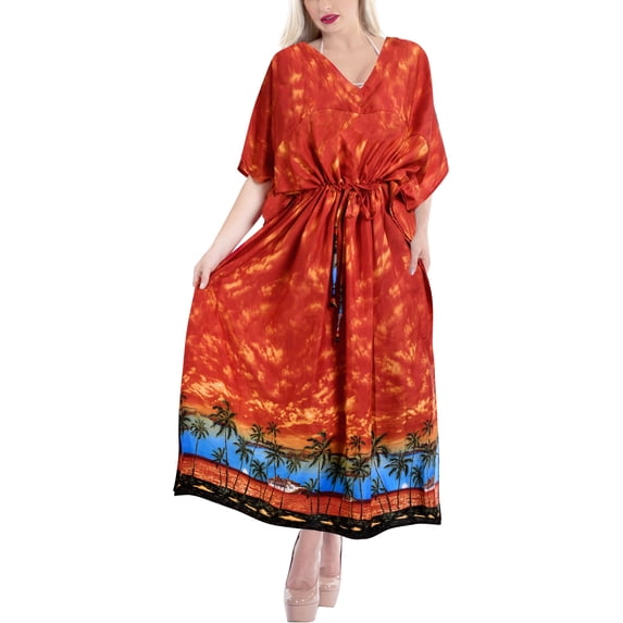 HAPPY BAY Women's Summer Loungewear Casual Kaftan Beach Cover Up Slit Dress Maxi Dresses Caftans for Women 2X-3X Orange, Palm Tree