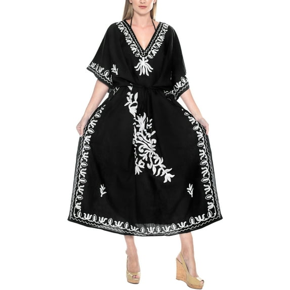 HAPPY BAY Women's Summer Loungewear Loose Caftan Maxi Boho Sleepwear Dress 2X-3X Coal, Floral