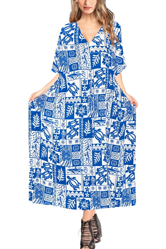 Women's Summer Loungewear Loose Slit Dress Caftan Long Boho Night Shirts 2X-3X Lake Blue_AC417