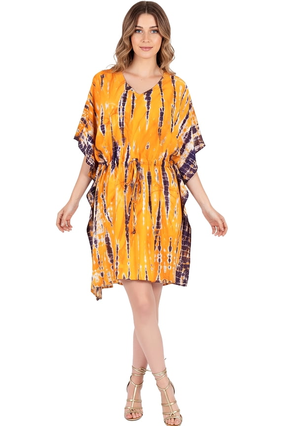 Women's Summer Loungewear OverSize Caftan Knee Length Housecoat 2X-3X Marigold, Tie Dye