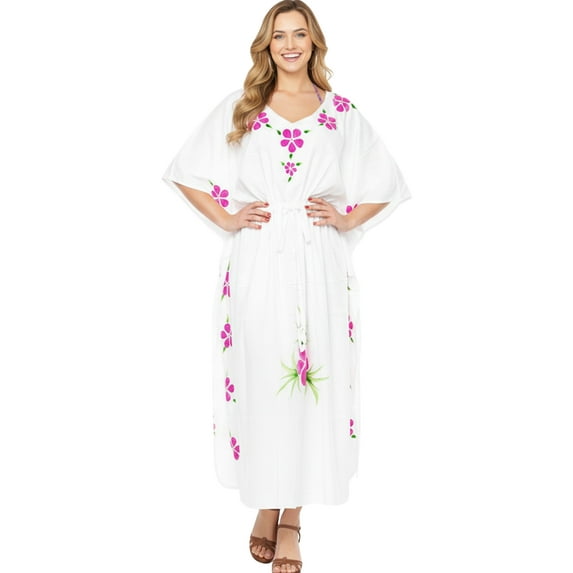 HAPPY BAY Women's Summer Loungewear OverSize Caftan Maxi Boho Nightwear for Women 2X-3X Oatmeal, Floral