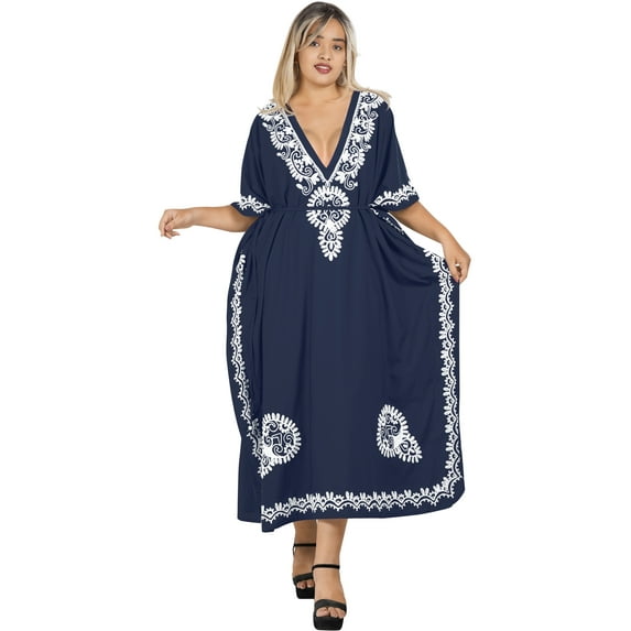 HAPPY BAY Women's Summer Loungewear Plus Size Caftan Maxi Mumu Slit Dresses 3X-4X Navy, Floral