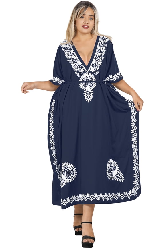 Women's Summer Loungewear Plus Size Caftan Maxi Mumu Slit Dresses 3X-4X Navy, Floral