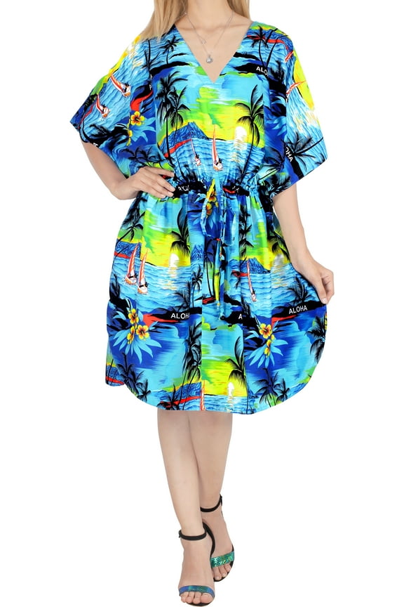 Women's Summer Loungewear Relaxed Fit Caftan Mini Casual Sundress 2X-3X Blue Horizon_AC739