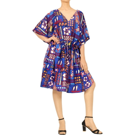 HAPPY BAY Women's Summer Loungewear Relaxed Fit Caftan Mini Casual Sundress 2X-3X Sapphire, Hawaiian