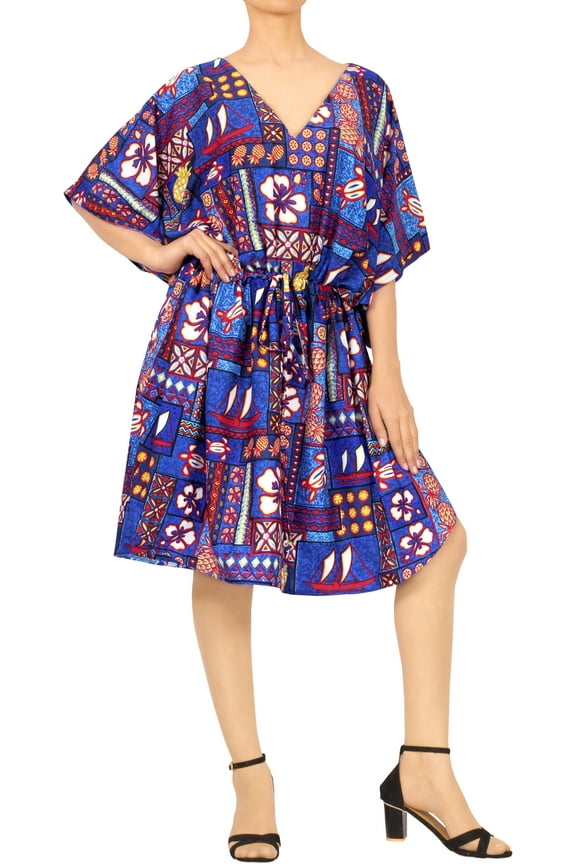Women's Summer Loungewear Relaxed Fit Caftan Mini Casual Sundress 2X-3X Sapphire, Hawaiian