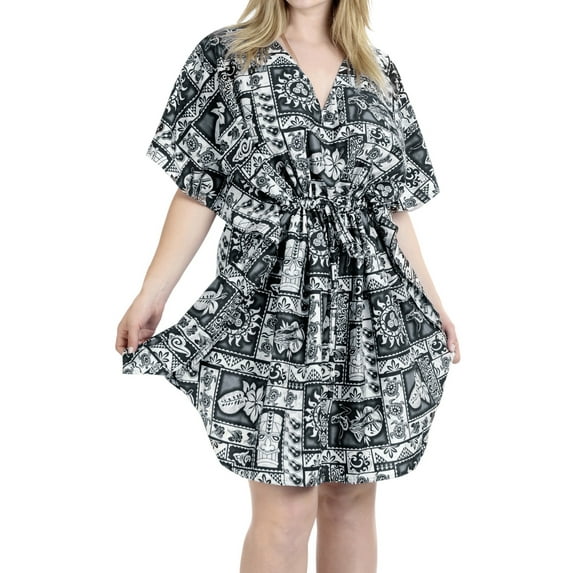 HAPPY BAY Women's Summer Loungewear Relaxed Fit Caftan Mini Casual Sundress 2X-3X Smokey, Hawaiian