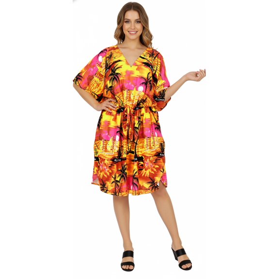 HAPPY BAY Women's Summer Loungewear Relaxed Fit Caftan Mini Casual Sundress 2X-3X Yellow, Beach