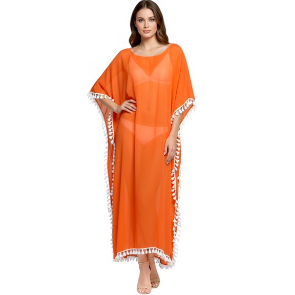 HAPPY BAY Women's Summer Loungewear Sheer Solid Casual Cover Up Relaxed Caftan Maxi Dresses for Women Plus Size XL-XXL Orange, Pom Pom Lace