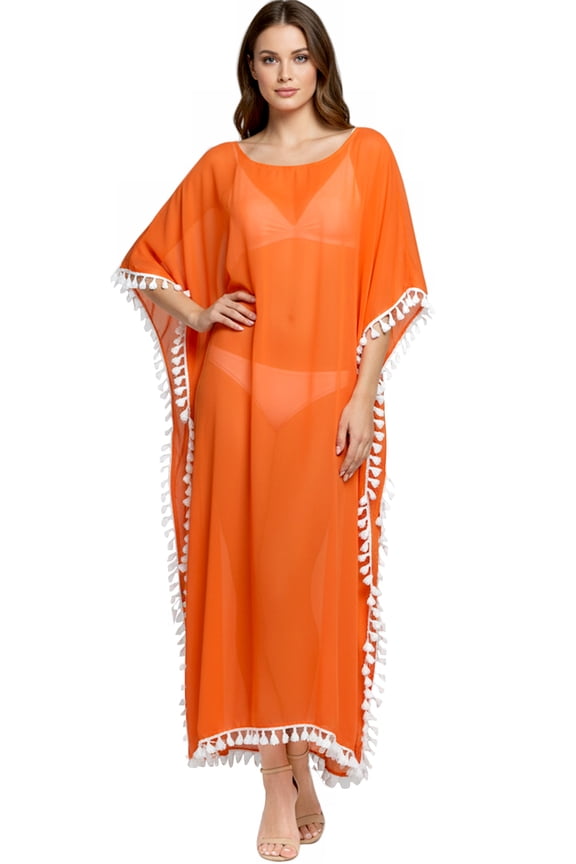 Women's Summer Loungewear Sheer Solid Casual Cover Up Relaxed Caftan Maxi Dresses for Women Plus Size XL-XXL Orange, Pom Pom Lace