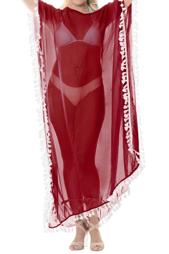 Women's Summer Loungewear Sheer Solid Casual Cover Up Relaxed Caftan Maxi Dresses for Women Plus Size XL-XXL Red, Pom Pom Lace