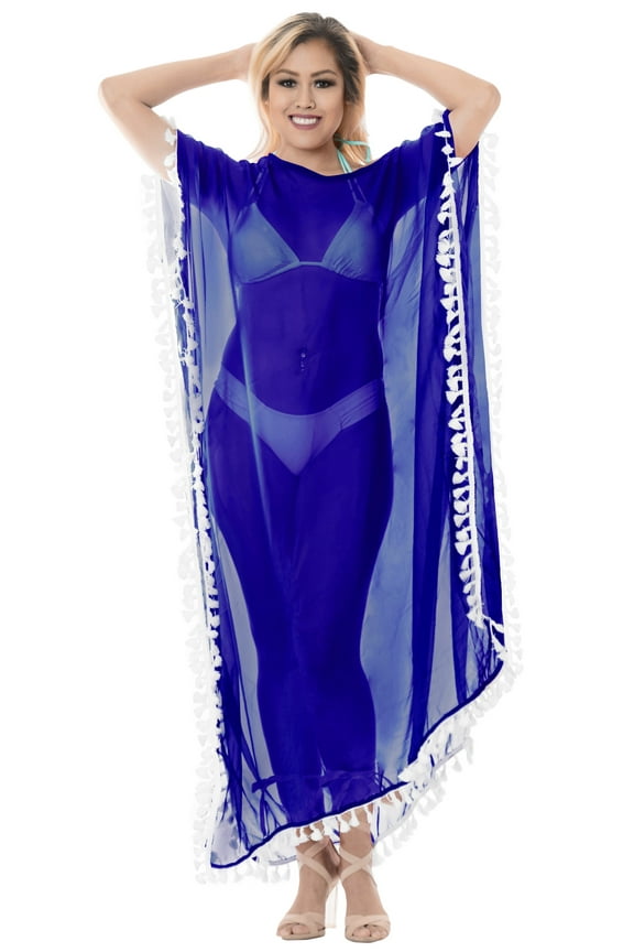 Women's Summer Loungewear Sheer Solid Casual Cover Up Relaxed Caftan Maxi Dresses for Women Plus Size XL-XXL Royal, Pom Pom Lace