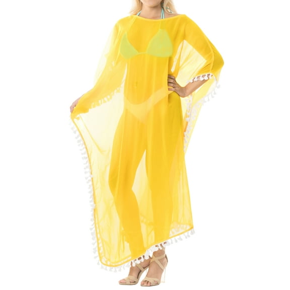 HAPPY BAY Women's Summer Loungewear Sheer Solid Casual Cover Up Relaxed Caftan Maxi Dresses for Women XL-XXL Yellow, Pom Pom Lace