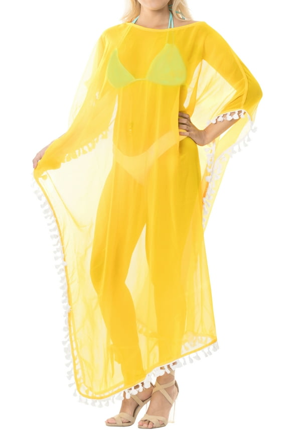 Women's Summer Loungewear Sheer Solid Casual Cover Up Relaxed Caftan Maxi Dresses for Women XL-XXL Yellow, Pom Pom Lace