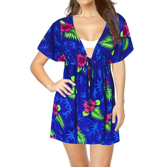 HAPPY BAY Women's Summer Mini Tropical Dress Swimsuit Coverups For Women V Neck Tops Swim Beach Cover Ups For Swimwear Women Mother's Day Gifts XL-XXL Royal, Floral Hibiscus