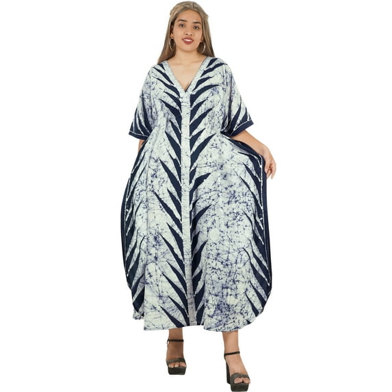 HAPPY BAY Women's Summer OverSize Caftan Long House Sleep Shirt Loungewear Dashiki Dresses for Women 2X-3X Navy, Leaves
