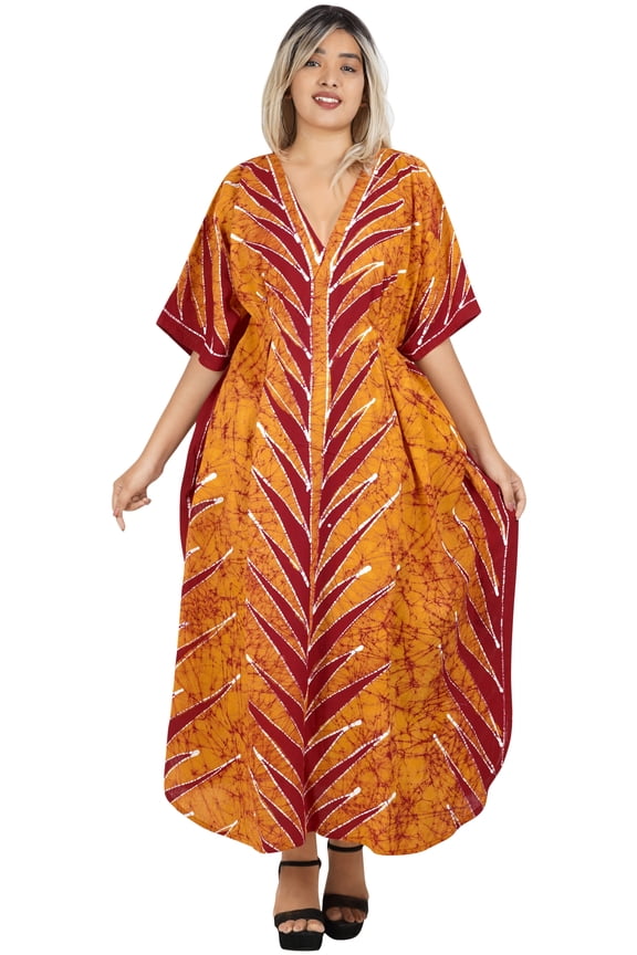 Women's Summer OverSize Caftan Long Muumuu Nightgown Loungewear Dashiki House Dresses for Women 2X-3X Orange, Leaves