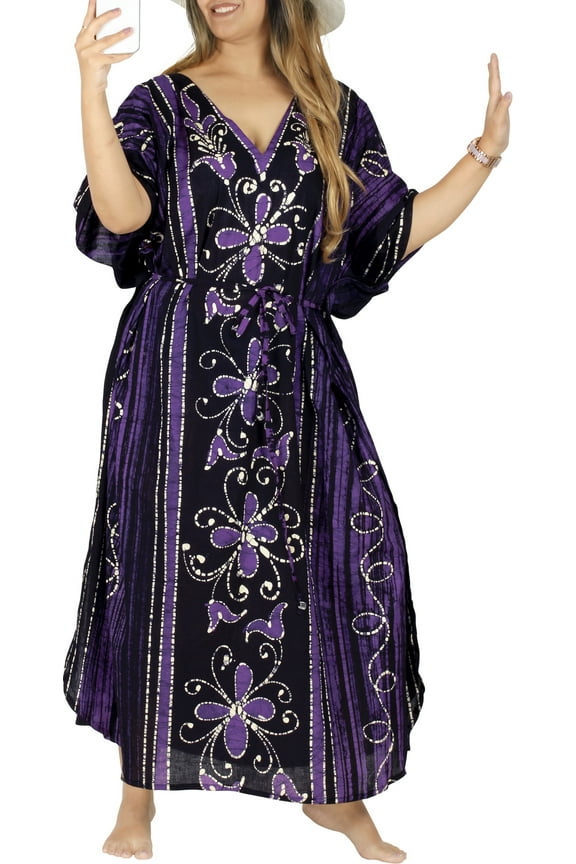Women's Summer OverSize Caftan Maxi Evening Gown Loungewear Dashiki House Dresses for Women Robe 2X-3X Purple, Floral