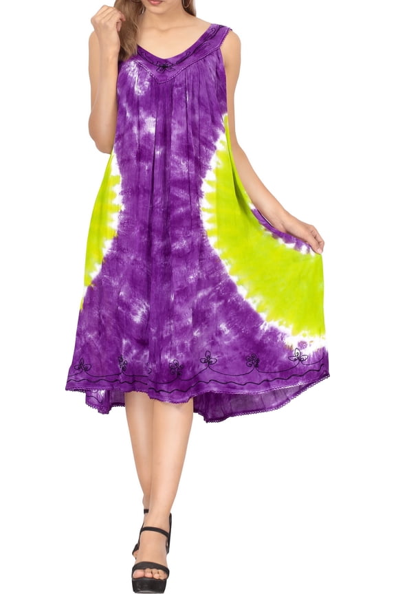 Women's Summer Plus Size Swing House Wear Dresses 1X-2X Grape, Tie Dye