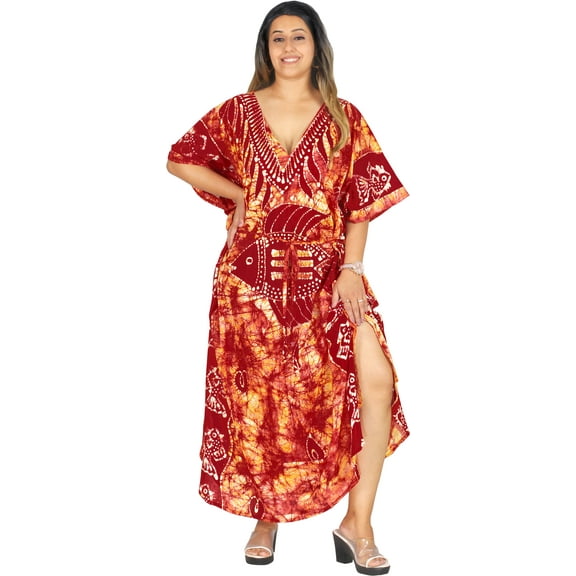 HAPPY BAY Women's Summer Relaxed Fit Caftan Maxi Robe Sleepwear Loungewear Dashiki House Dresses for Women 2X-3X Walnut, Fish