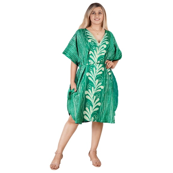 HAPPY BAY Women's Summer Relaxed Fit Caftan Short Beach Loungewear Dashiki House Dress for Women 2X-3X Green, Leaves