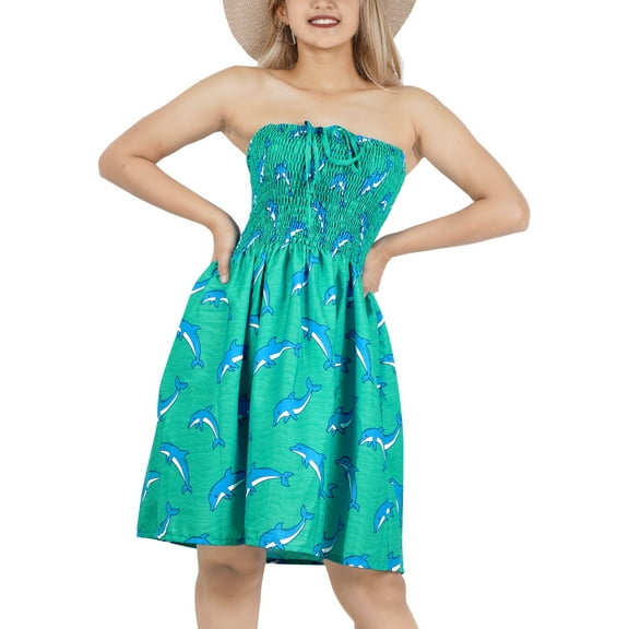 HAPPY BAY Women's Summer Smocked Strapless Beach Swing Tube Top Dress One Size Dolphin, Green