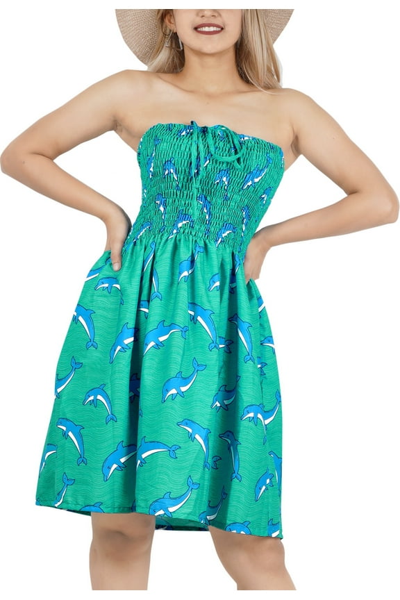 Women's Summer Smocked Strapless Beach Swing Tube Top Dress One Size Dolphin, Green
