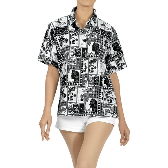 HAPPY BAY Women's Surfing Blouse Tops Hawaiian Shirts XL Black, Hula Aloha