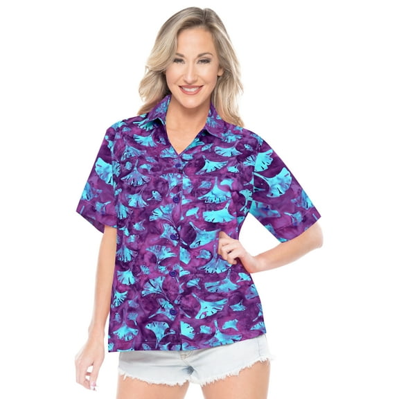 HAPPY BAY Women's Vacation Hawaiian Shirt Button Down Dressy Elegant Beach Blouses Holidays Short Sleeve Summer Shirts For Women S Amethyst, Leaves