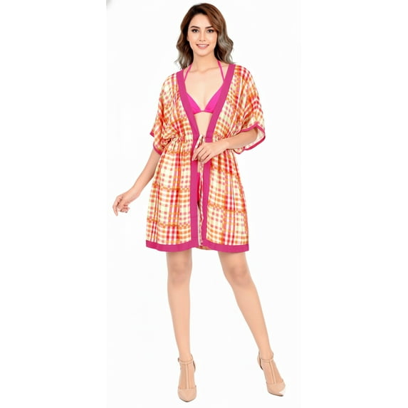 HAPPY BAY Women's Viscose Summer Beach Plus Size Front Open Kimono Beachwear Duster Cardigan for Women 2X-3X Fuscia, Checks