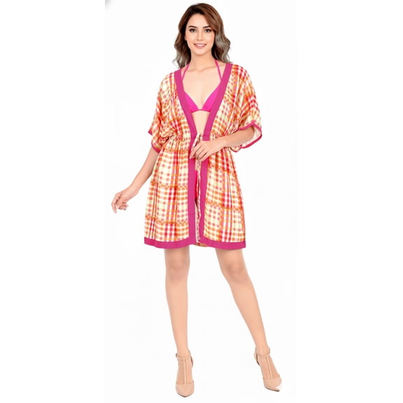 HAPPY BAY Women's Viscose Summer Beach Plus Size Front Open Kimono Beachwear Duster Cardigan for Women 2X-3X Fuscia, Checks