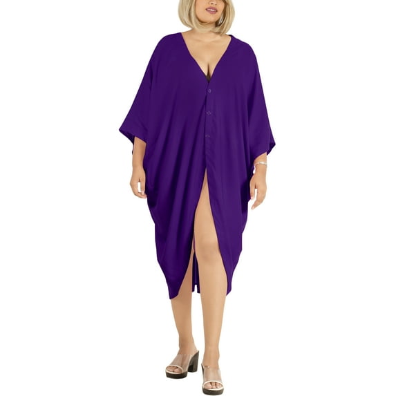 HAPPY BAY Women's Viscose Summer Button Closure Beachwear Duster Cardigan Beach Kimono 3X-4X Violet, Solid
