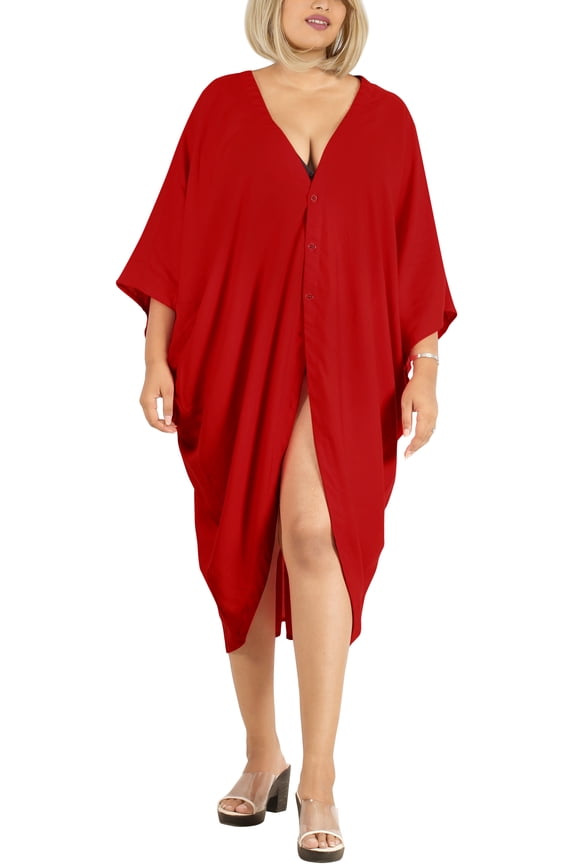 Women's Viscose Summer Button Closure Beachwear Duster Cardigan Beach Kimono for Women 3X-4X Red, Plain