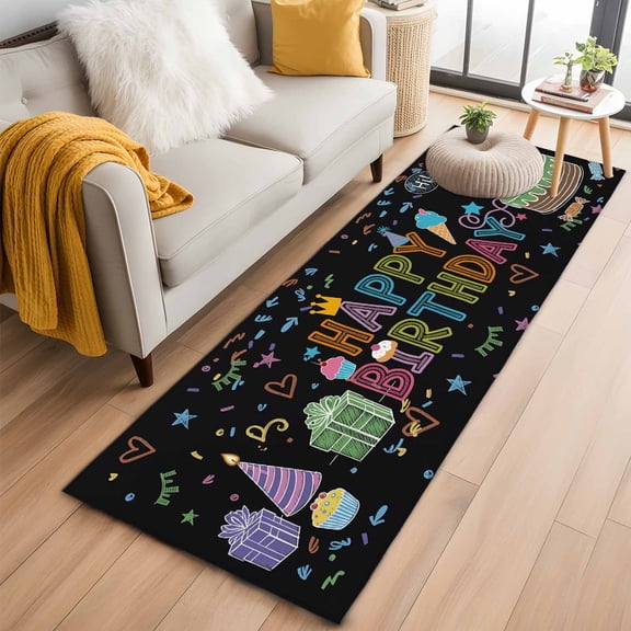 HAPPY BIRTHDAY 2'x6' Runner Rugs for Hallway Kitchen Bedside Non Slip Washable, Cartoon Cakes Candles Lines Painted Entryway Rug Runners with Rubber Backing, Long Carpet Runner for Laundry Room