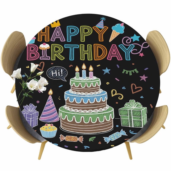 HAPPY BIRTHDAY Round Tablecloth, Fitted Table Cover with Elastic for 36"-44" Round Tables, Cartoon Cakes Candles Lines Painted Table Cloth Outdoor Indoor Dinning Party Waterproof Tablecloths
