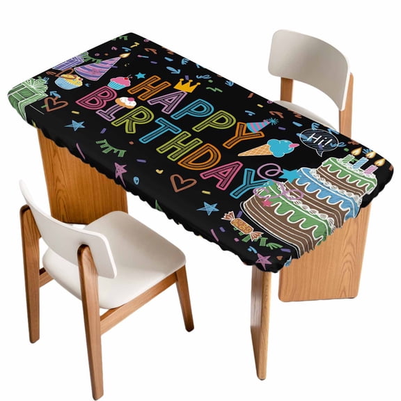 HAPPY BIRTHDAY Table Cloths for 3 Foot Rectangle Tables, Cartoon Cakes Candles Lines Painted Patio Waterproof Elastic Fitted Tablecloths, Washable Rectangular Table Cover for Camping