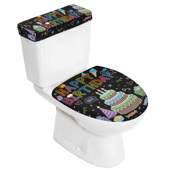 HAPPY BIRTHDAY Toilet Lid Cover and Tank Cover Set, 2 Pieces Stretch Toilet Covers, Elastic Fit for Round, U-Shaped & Elongated Toilets Bathroom Decor Cartoon Cakes Candles Lines Painted