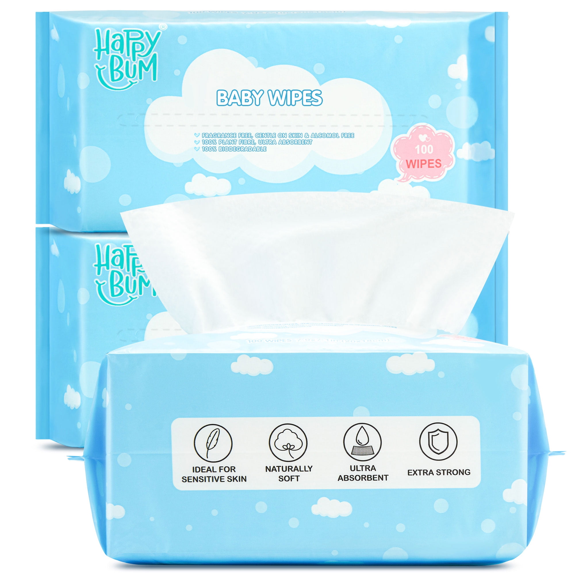 HAPPY BUM Baby Dry Wipes for Sensitive Skin, PlantBased
